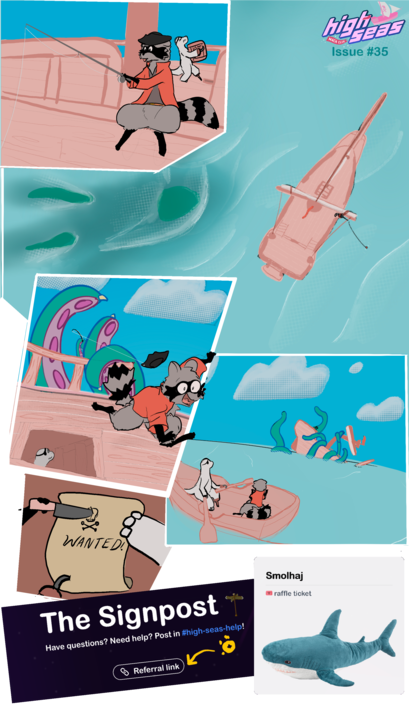 A 5-panel comic showing the kraken taking the ship, then the protagonists concocting their referral program.